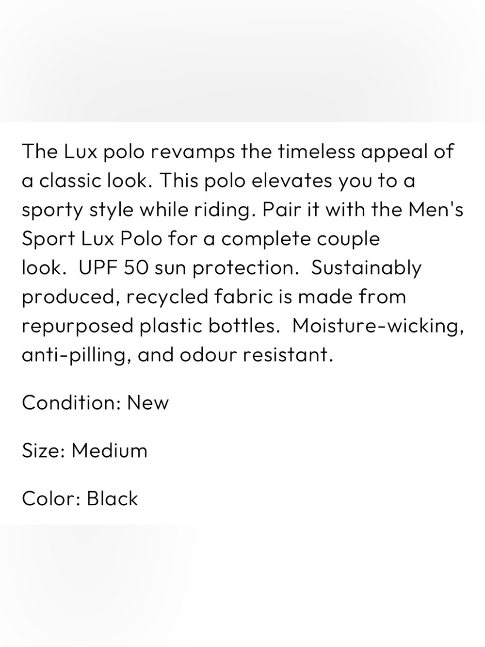 NOEL ASMAR Equestrian Sport Lux Polo Shirt Black White Trim UPF 50 Medium - Picture 3 of 8